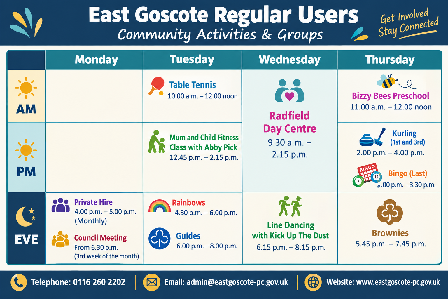 timetable of regular users at the village hall