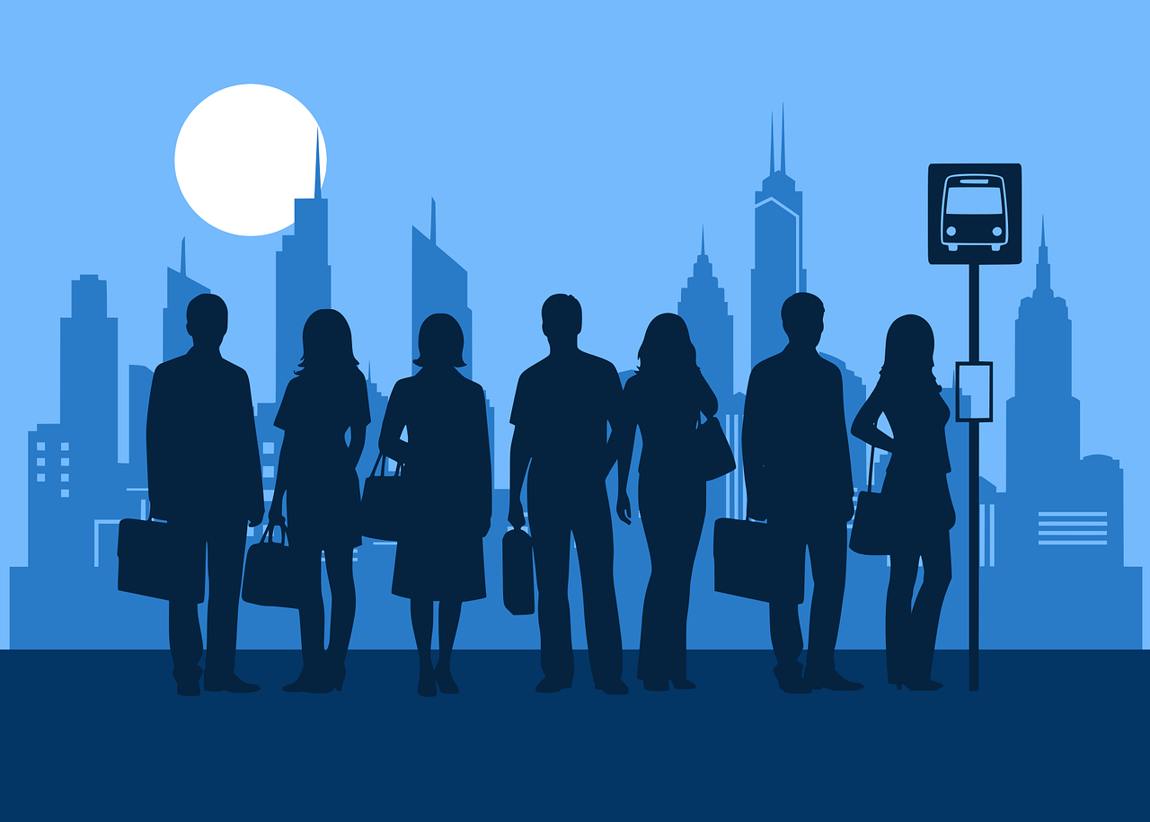 Cartoon of people waiting at a bus stop